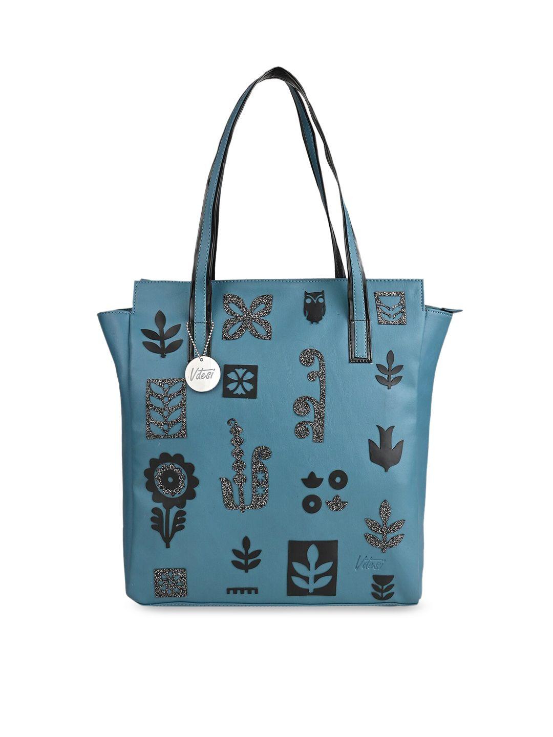 vdesi blue printed pu shopper tote bag