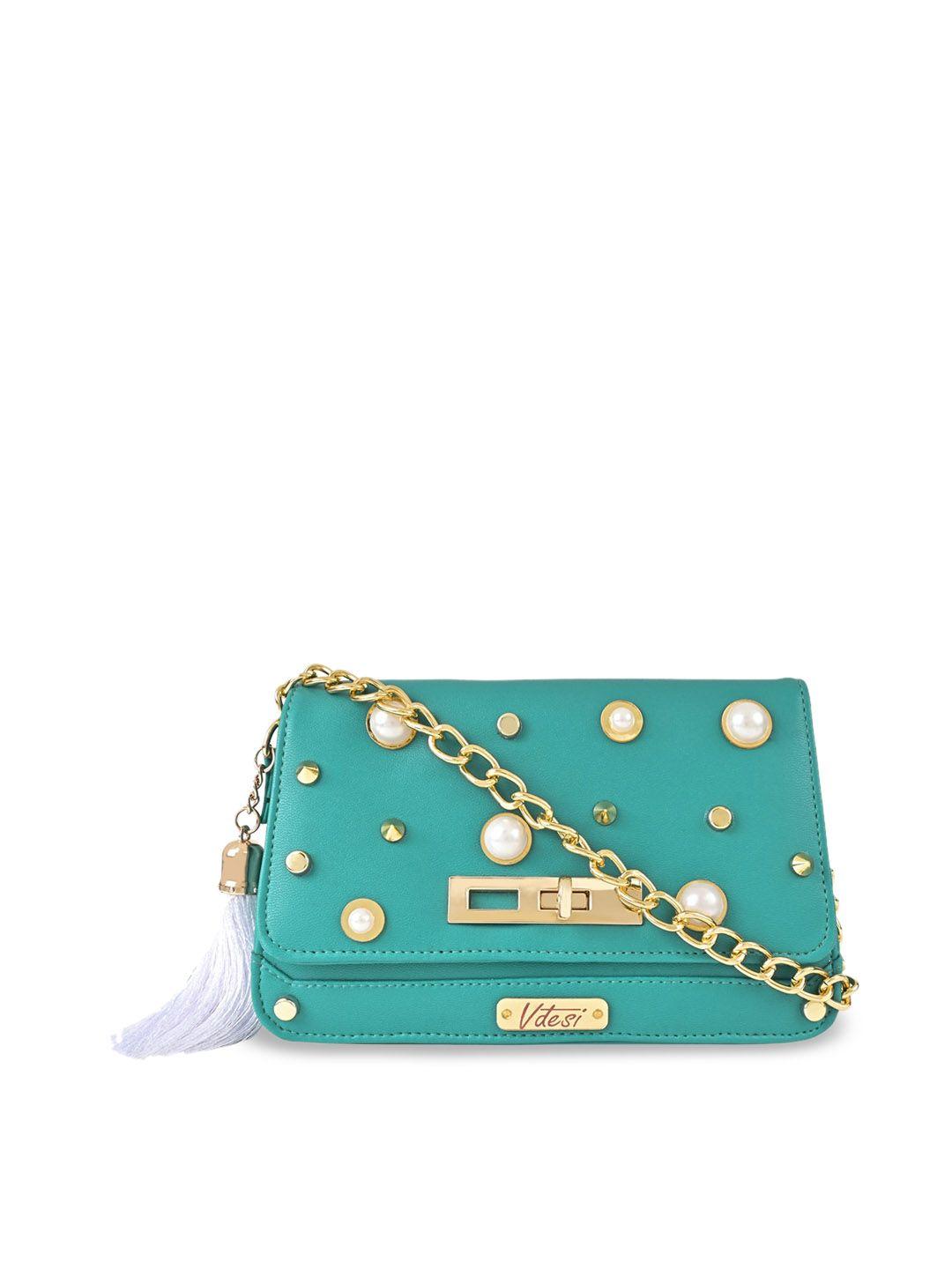 vdesi embellished structured sling bag with tasselled