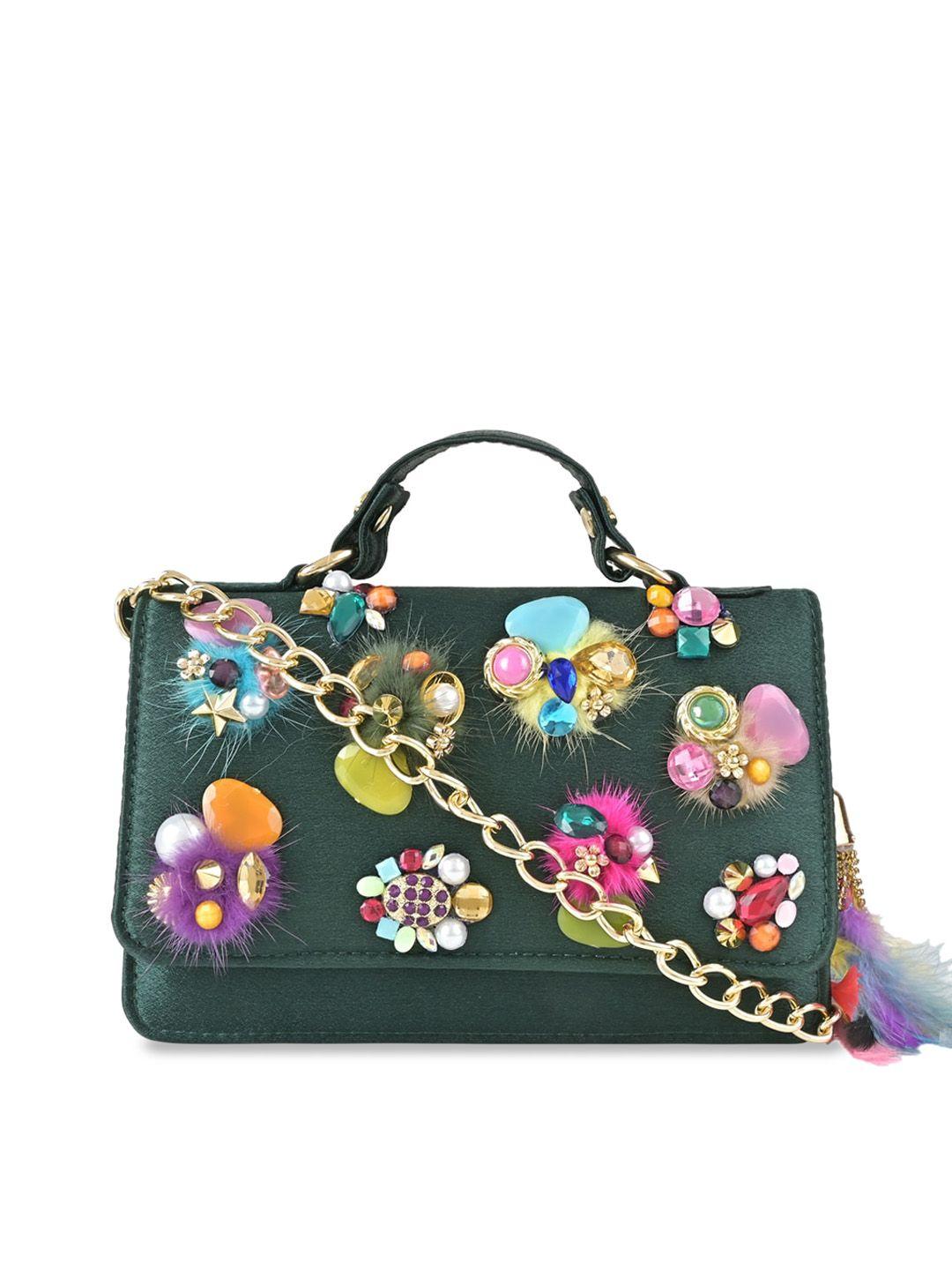 vdesi green floral printed structured handheld bag with applique