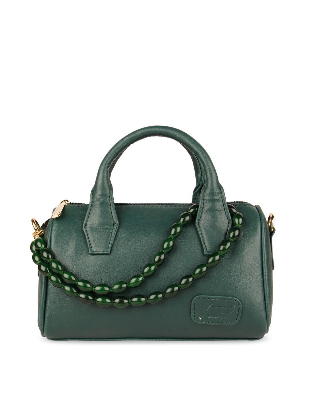 vdesi green pu structured handheld bag with tasselled
