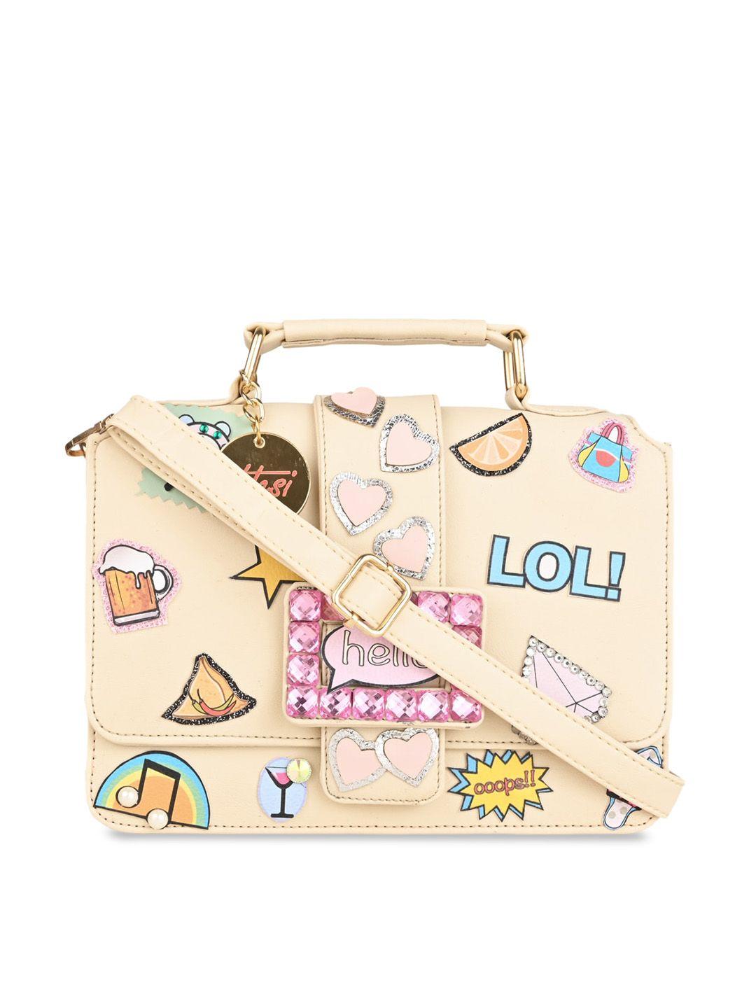 vdesi off white printed structured handheld bag