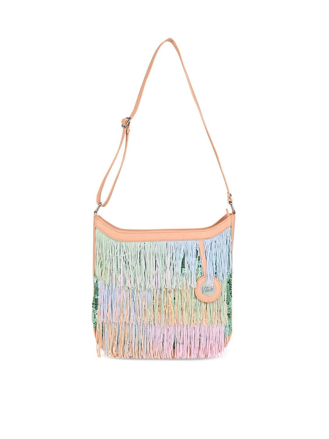 vdesi peach-coloured embellished pu structured shoulder bag with fringed