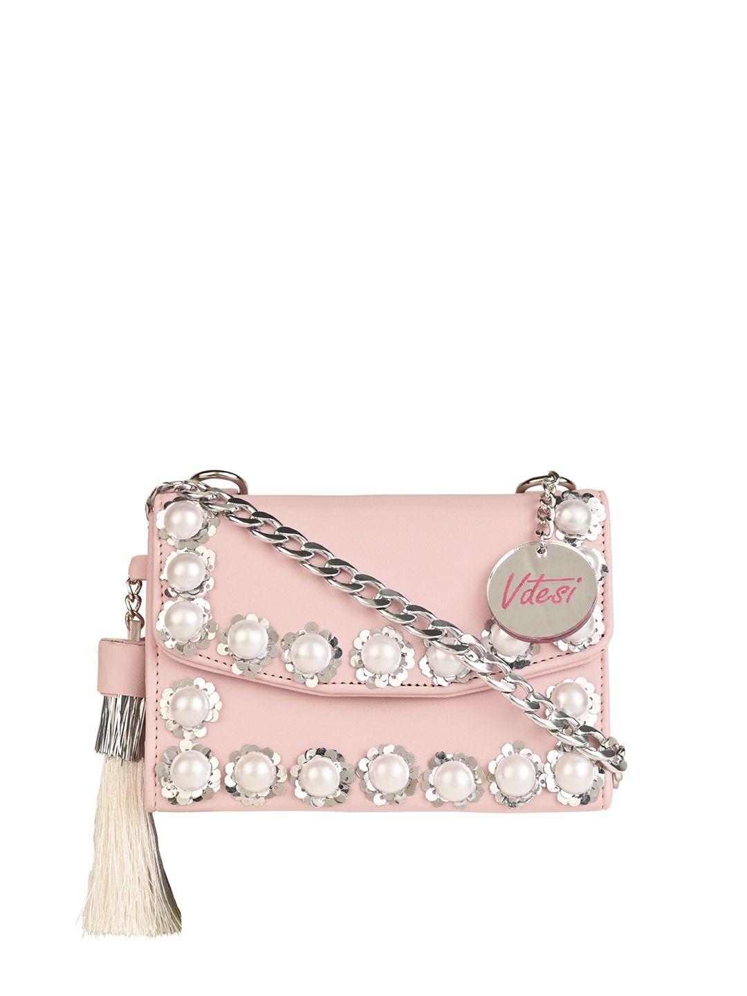 vdesi pink pu structured sequin sling bag with tasselled