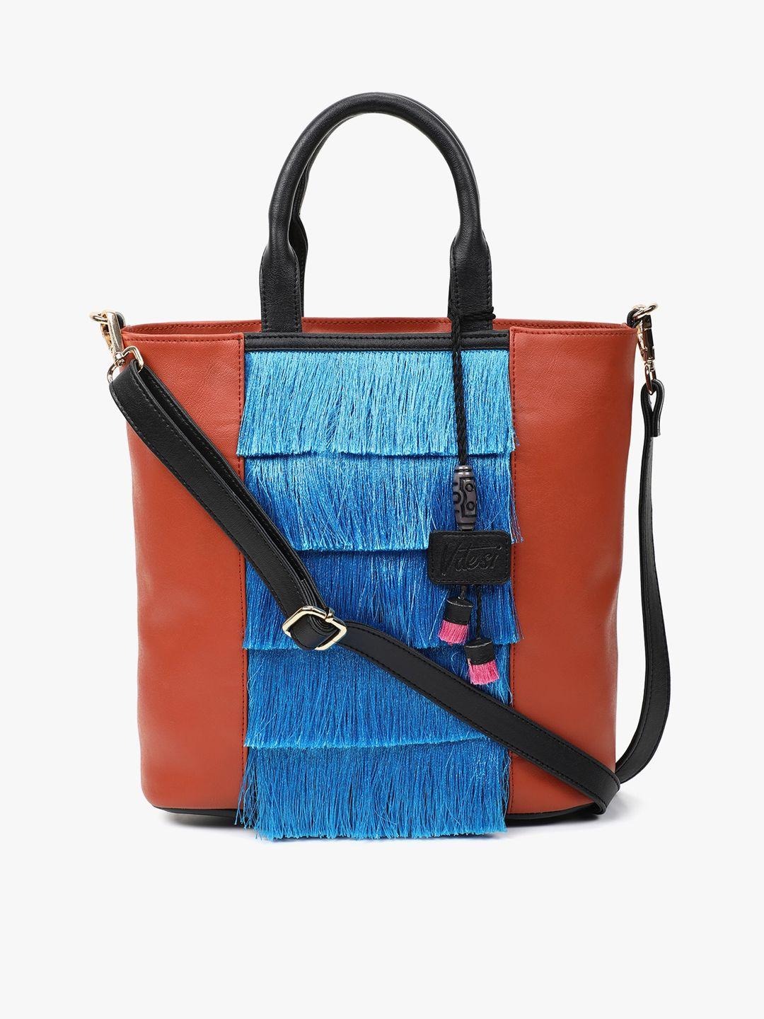 vdesi rust pu structured handheld bag with tasselled