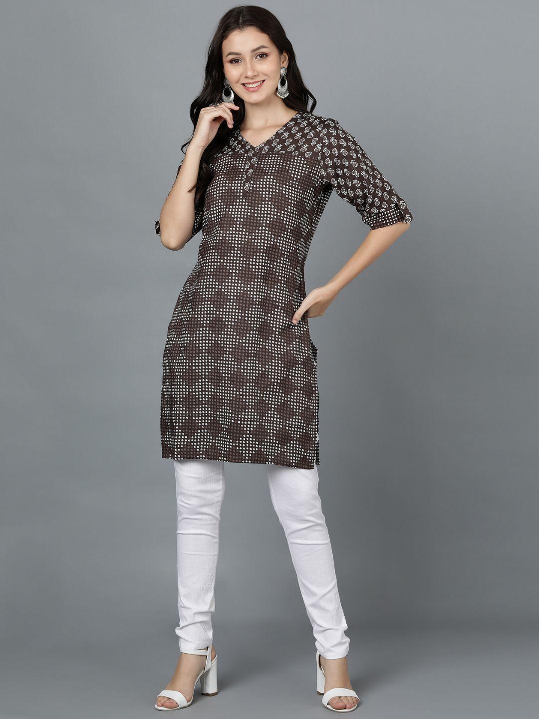 vedana brown & white geometric printed v-neck pure cotton kurti