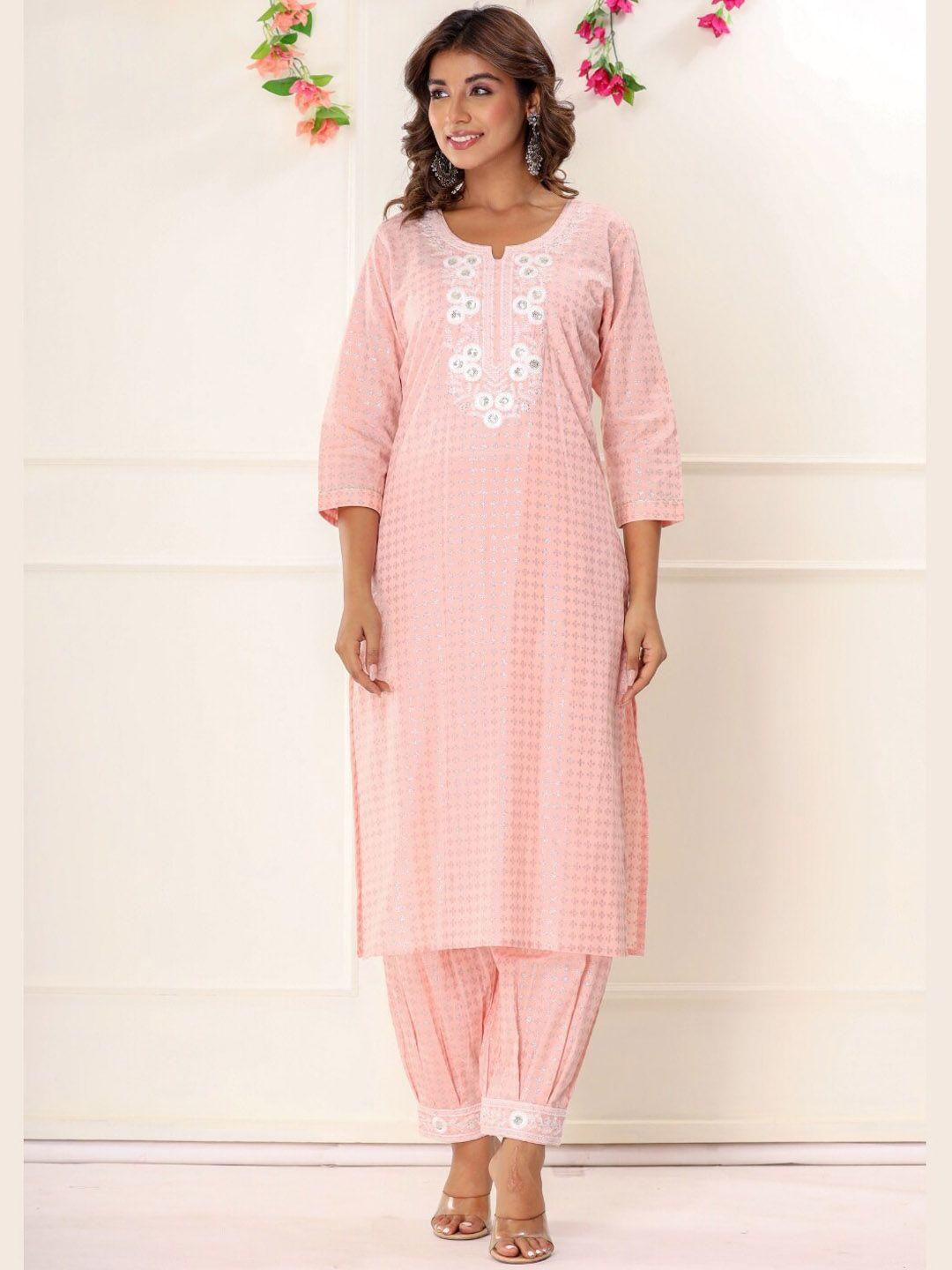 vedana ethnic motifs printed thread work pure cotton straight kurta with salwar
