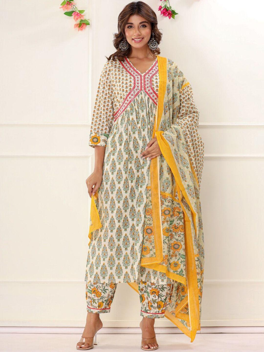 vedana floral printed mirror work pure cotton anarkali kurta with trousers & with dupatta