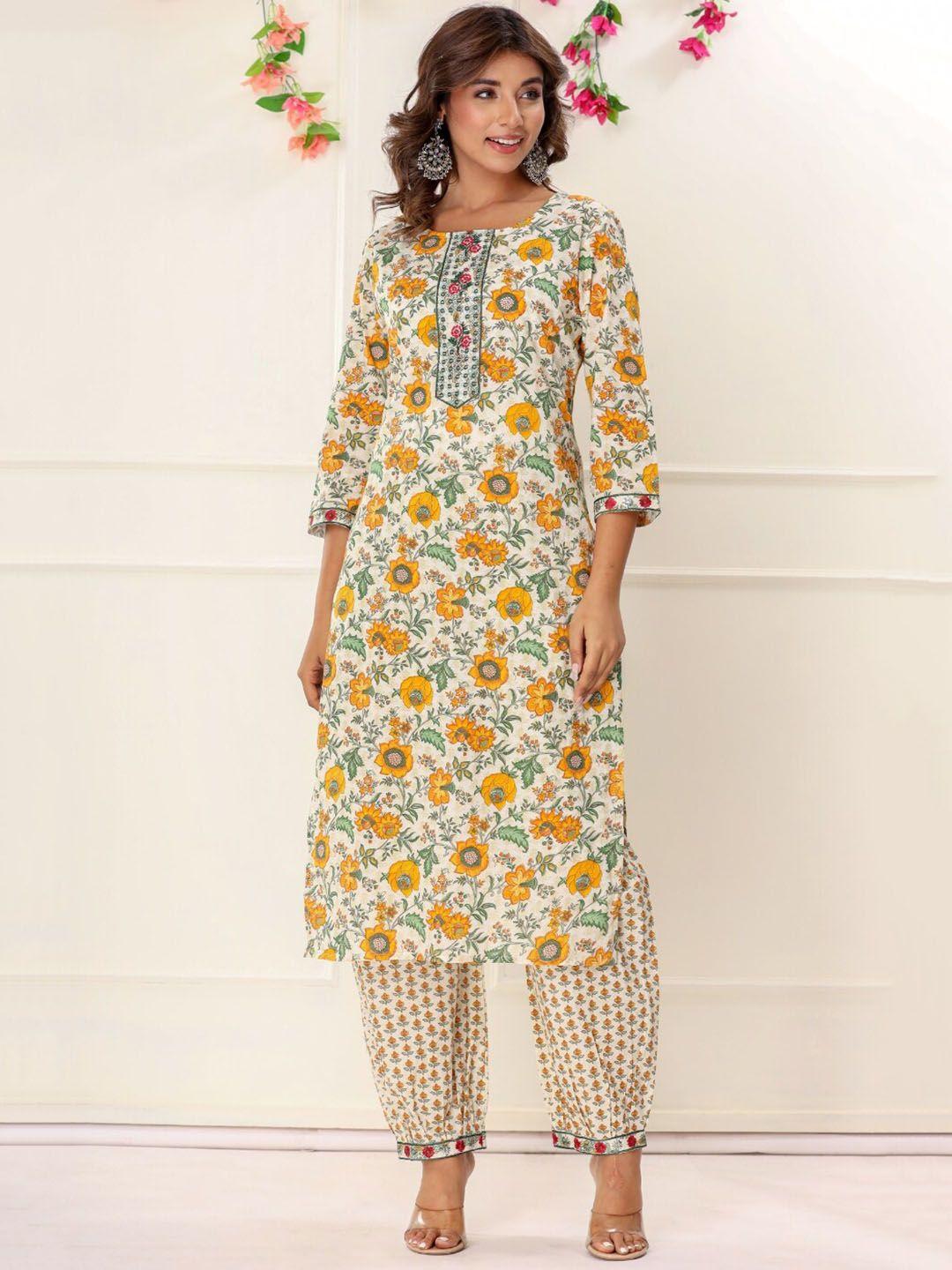 vedana floral printed regular thread work pure cotton kurta with trousers
