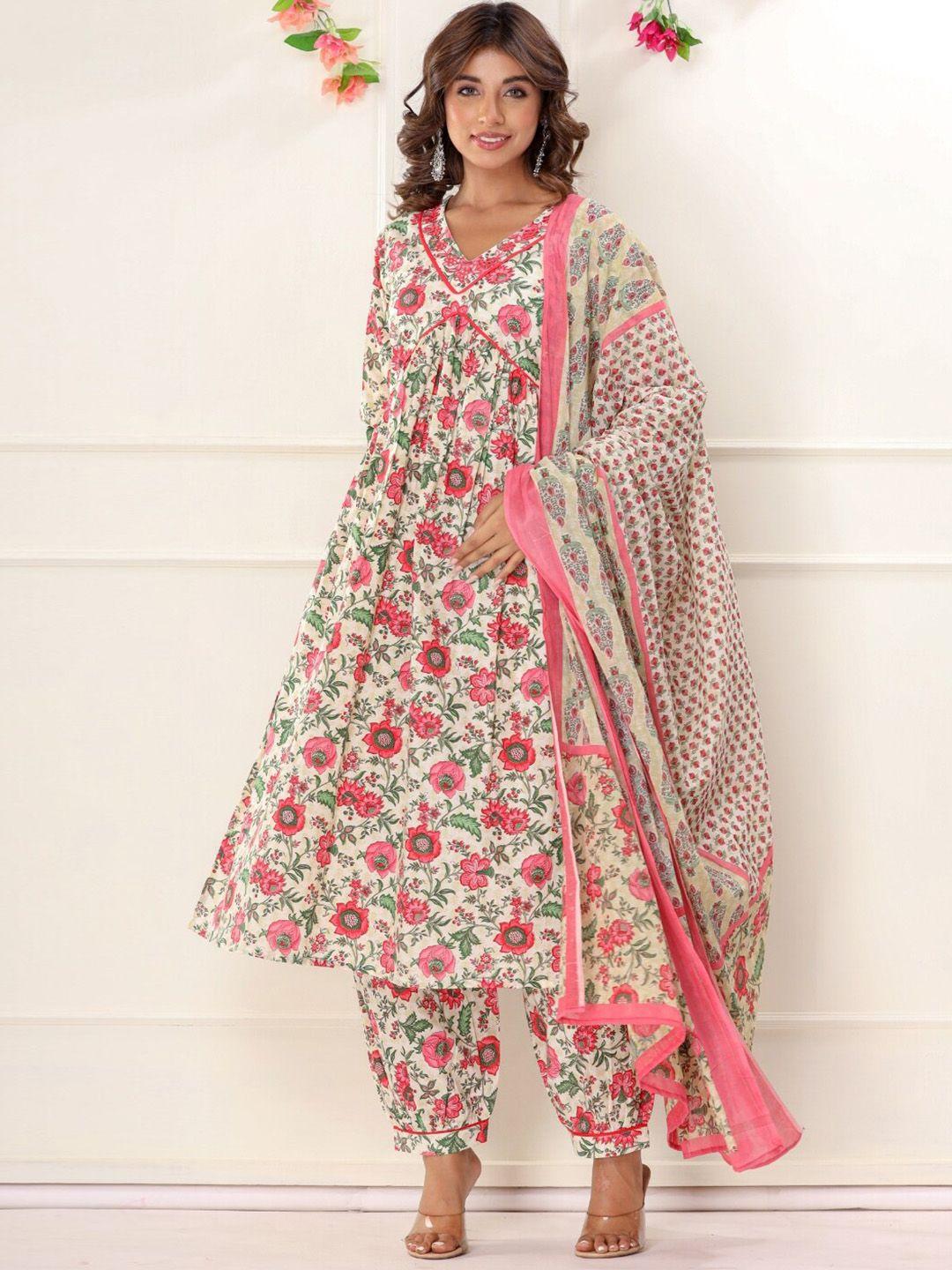 vedana floral printed thread work pure cotton kurta & trousers with dupatta