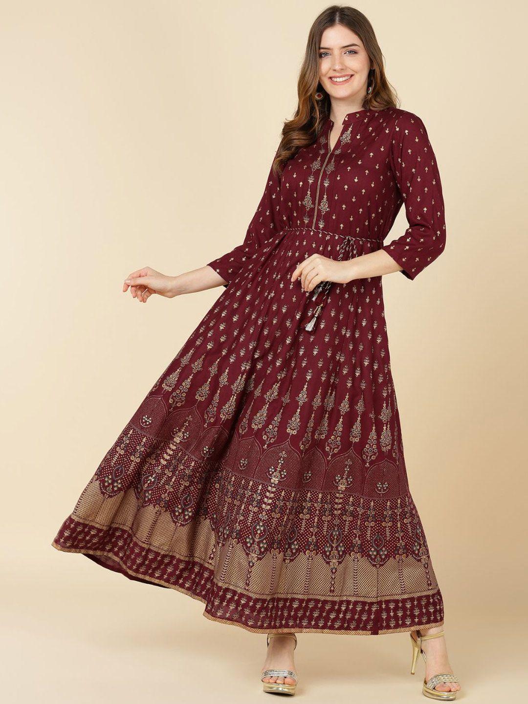 vedana maroon ethnic motifs printed maxi dress