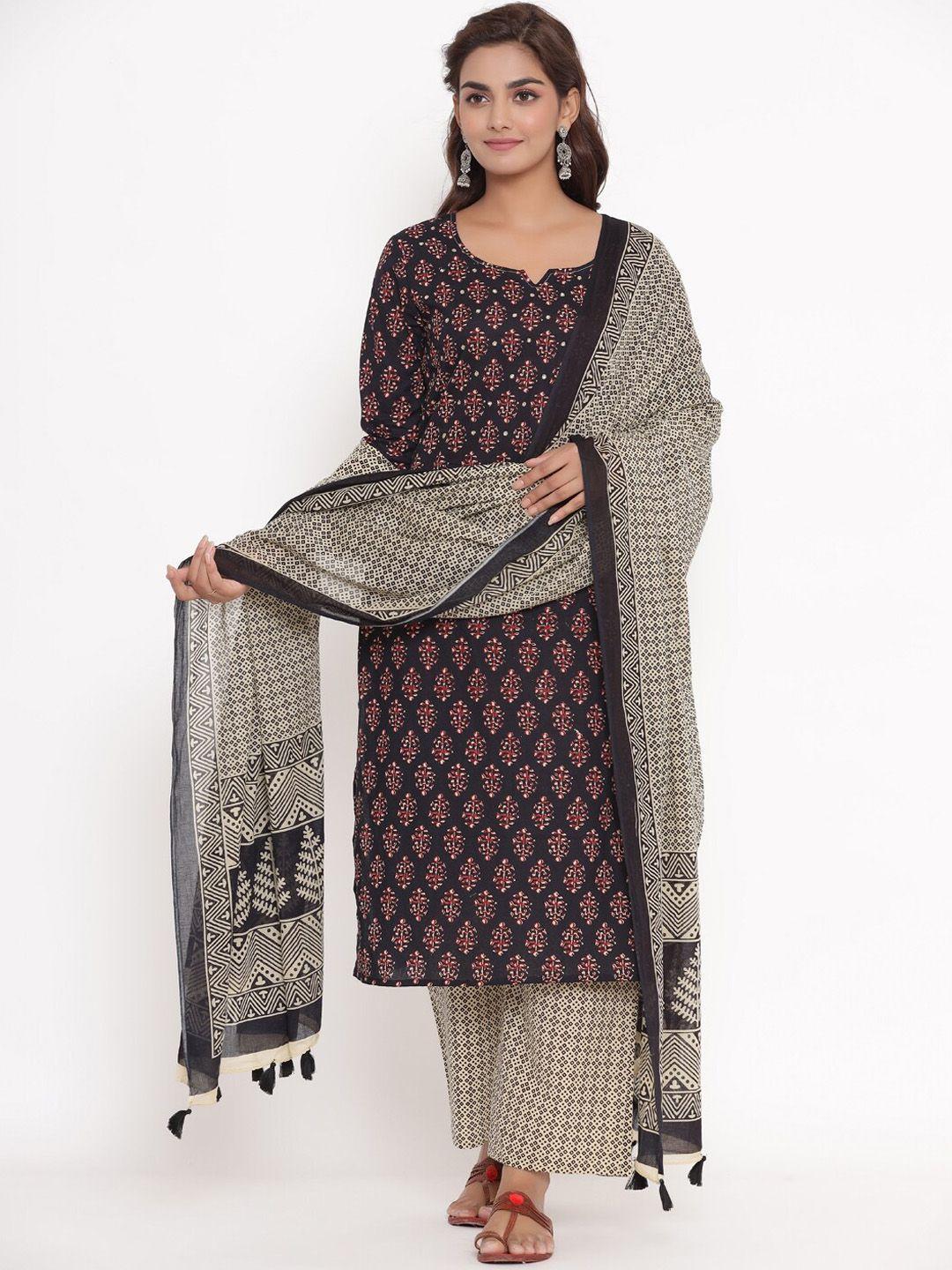 vedana women black ethnic motifs printed pure cotton kurta with palazzos & dupatta