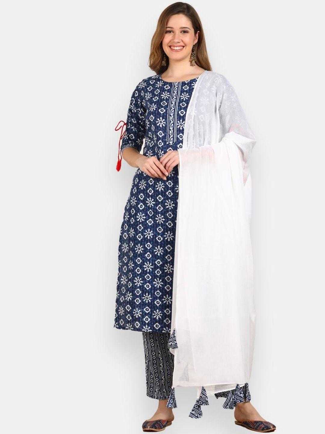 vedana women blue & white printed pure cotton kurta with trousers & with dupatta