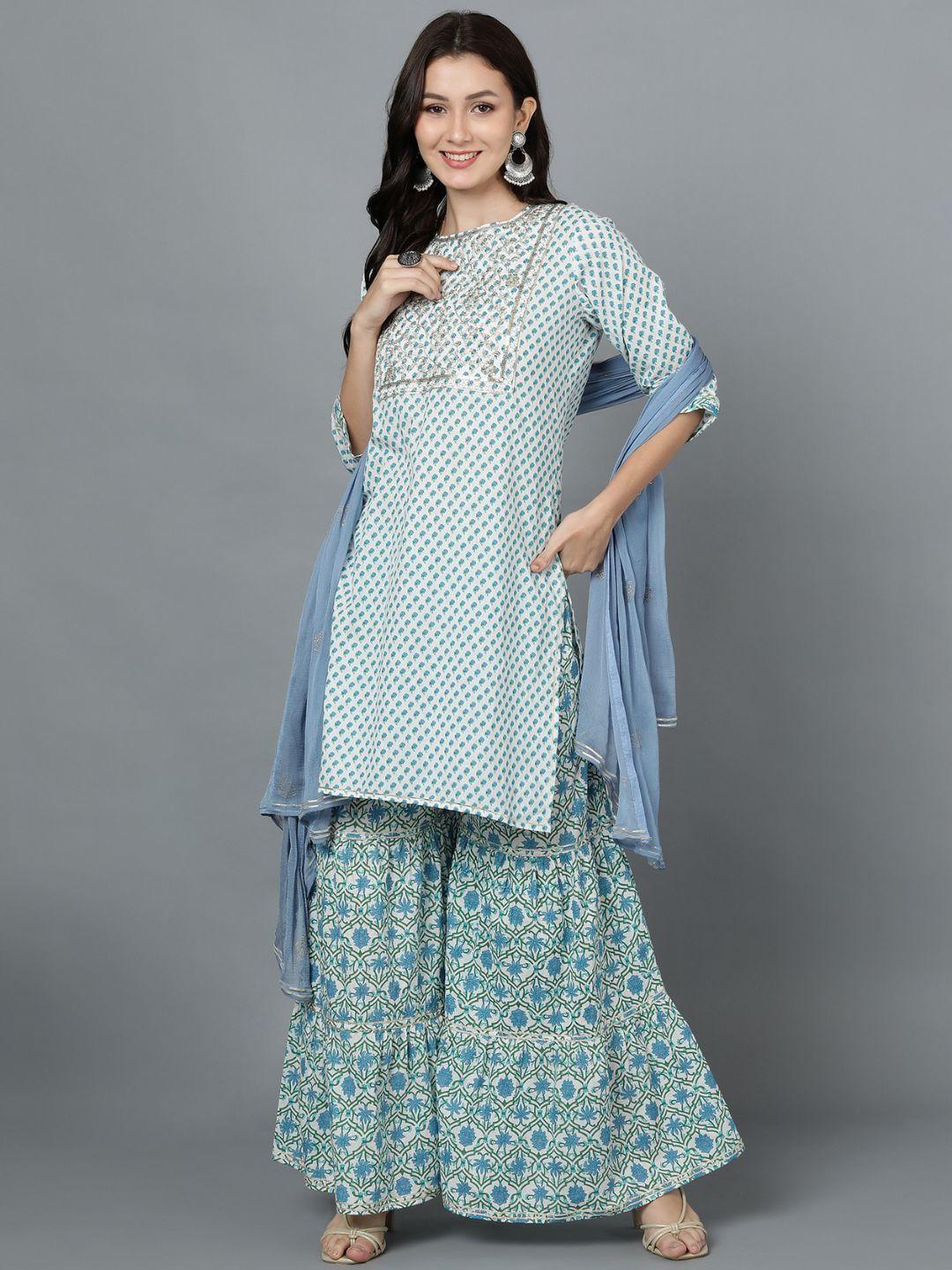 vedana women blue embroidered panelled thread work pure cotton kurti with sharara & with dupatta