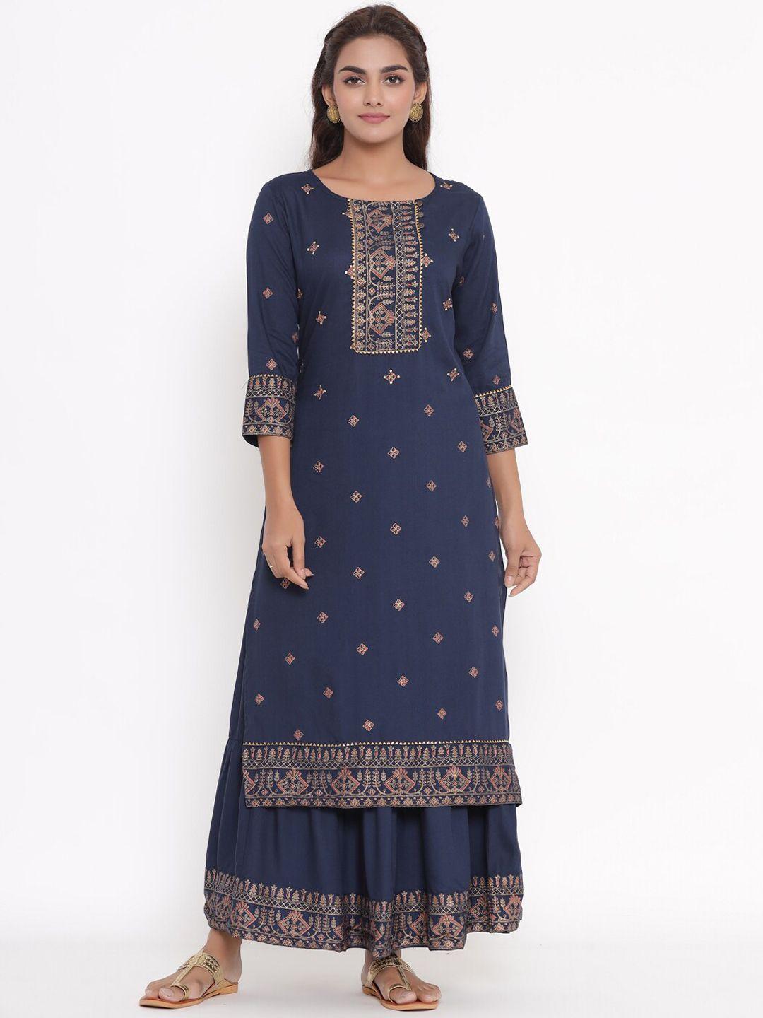 vedana women blue ethnic motifs printed gotta patti kurta with skirt