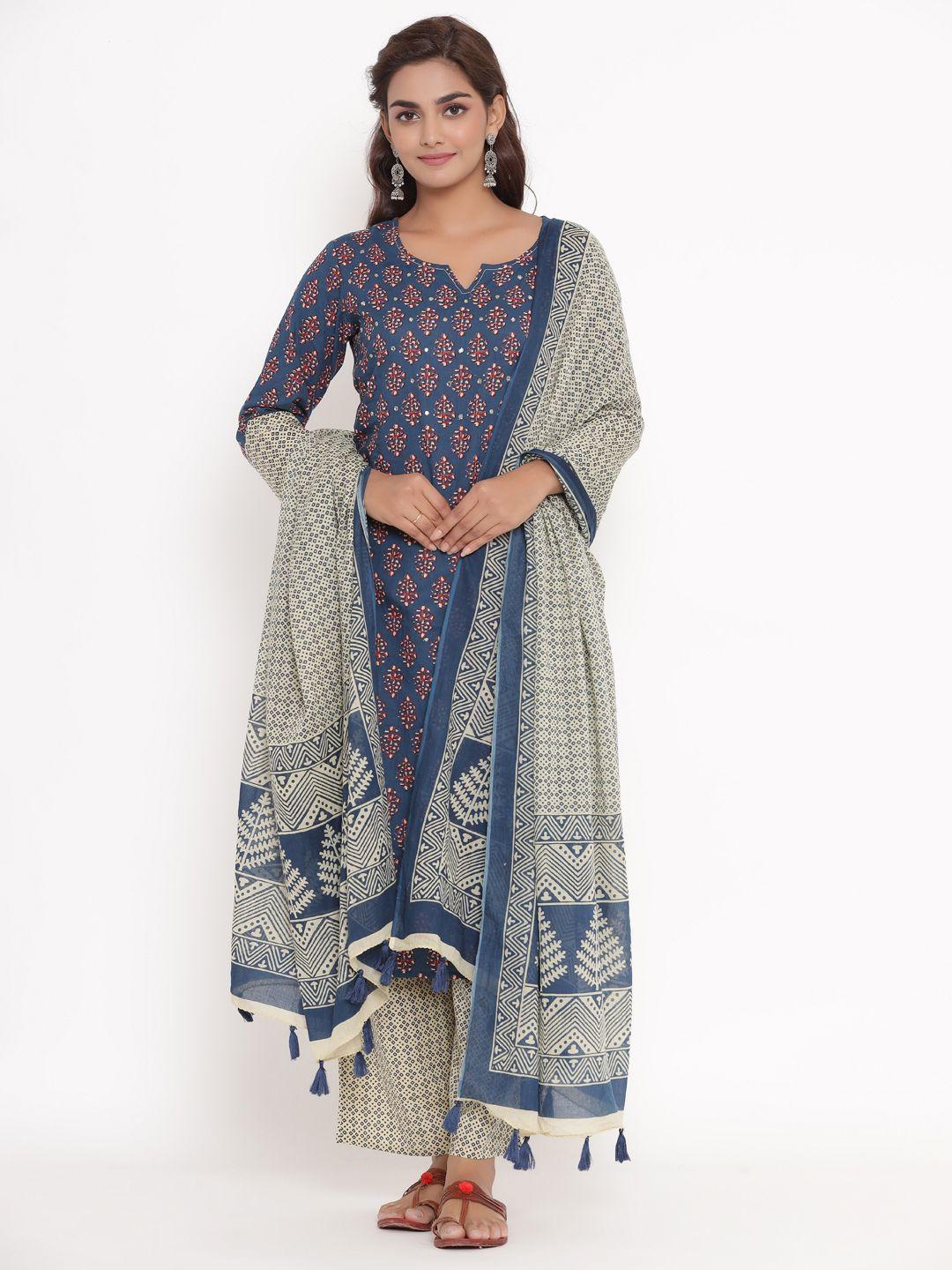 vedana women blue ethnic motifs printed pure cotton kurta with trousers & dupatta