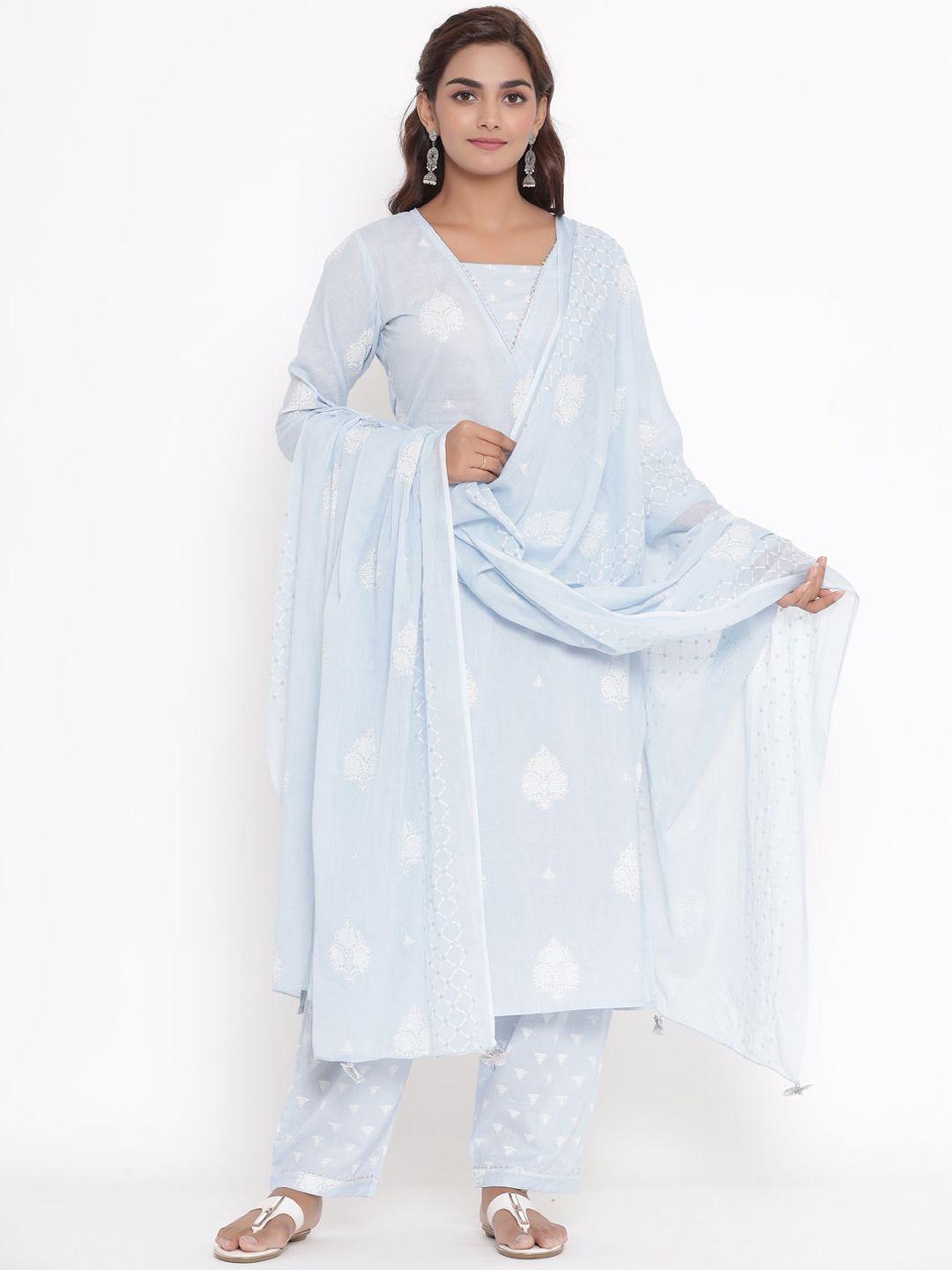 vedana women blue printed gotta patti pure cotton kurta with salwar & dupatta