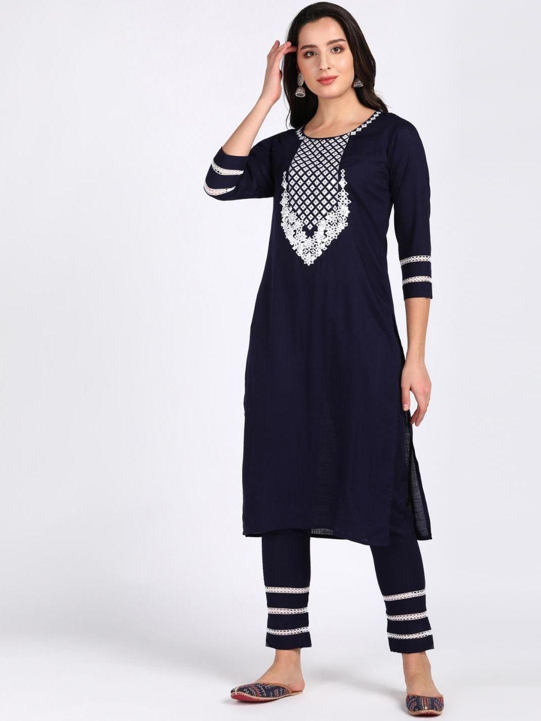 vedana women blue yoke design kurta with trousers