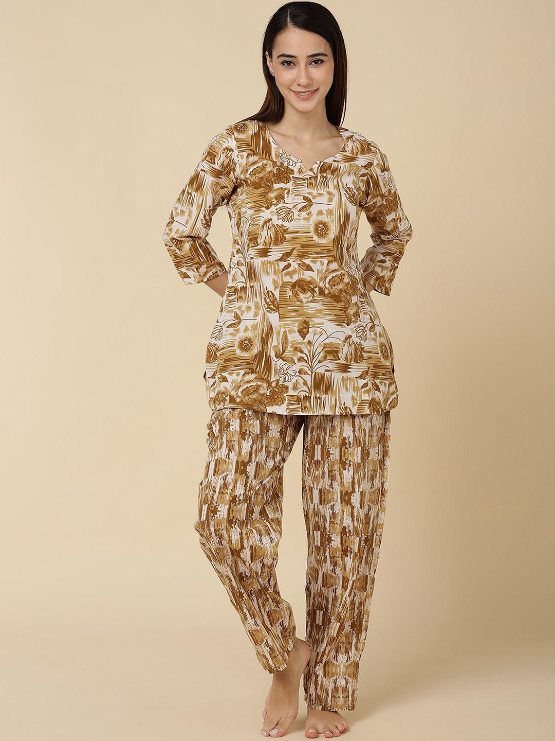 vedana women brown & off white printed cotton night suit