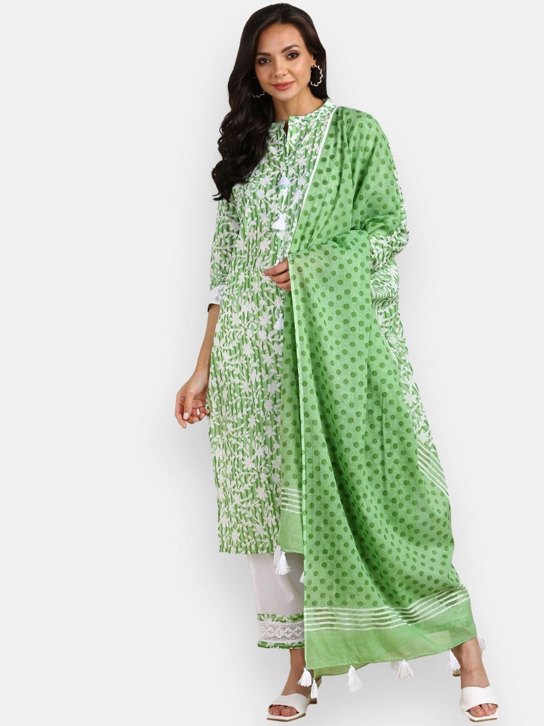 vedana women green & white printed pure cotton kurta with palazzo & dupatta