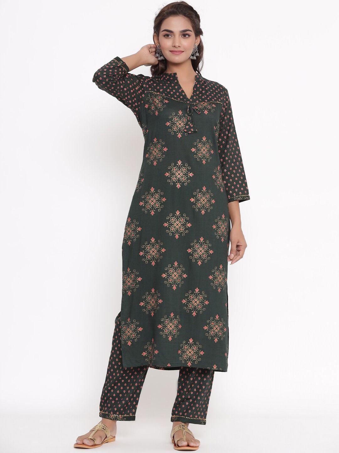 vedana women green ethnic motifs printed kurta with trousers