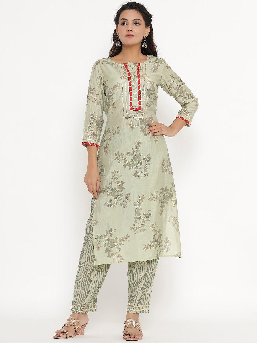 vedana women green floral printed kurta with trousers