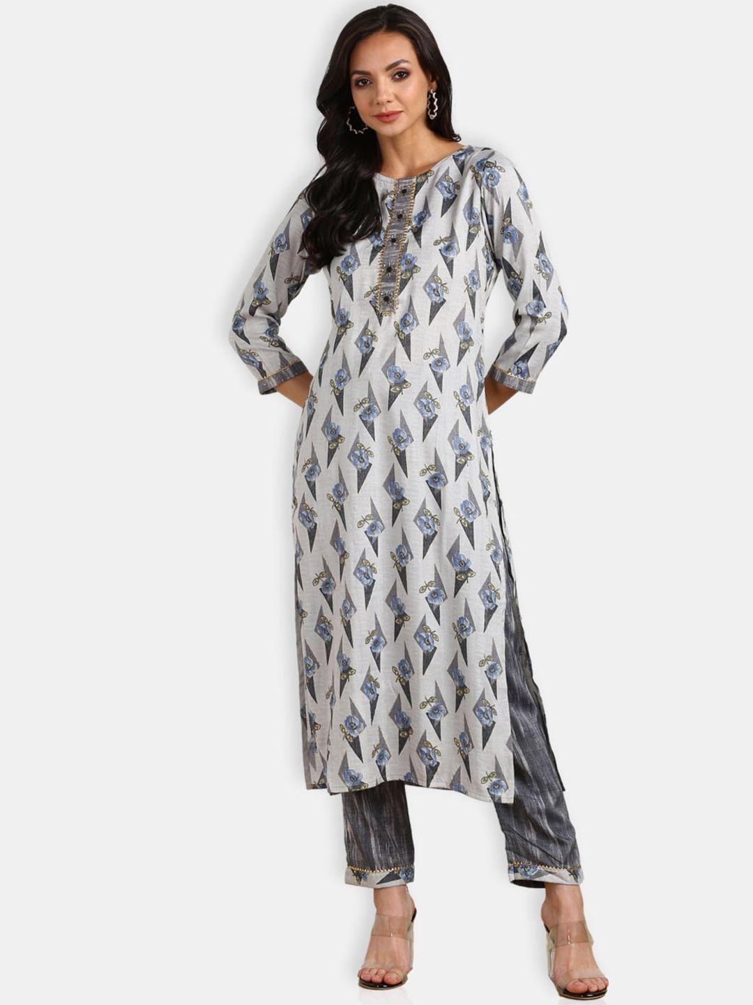 vedana women grey ethnic motifs printed panelled kurta with trousers