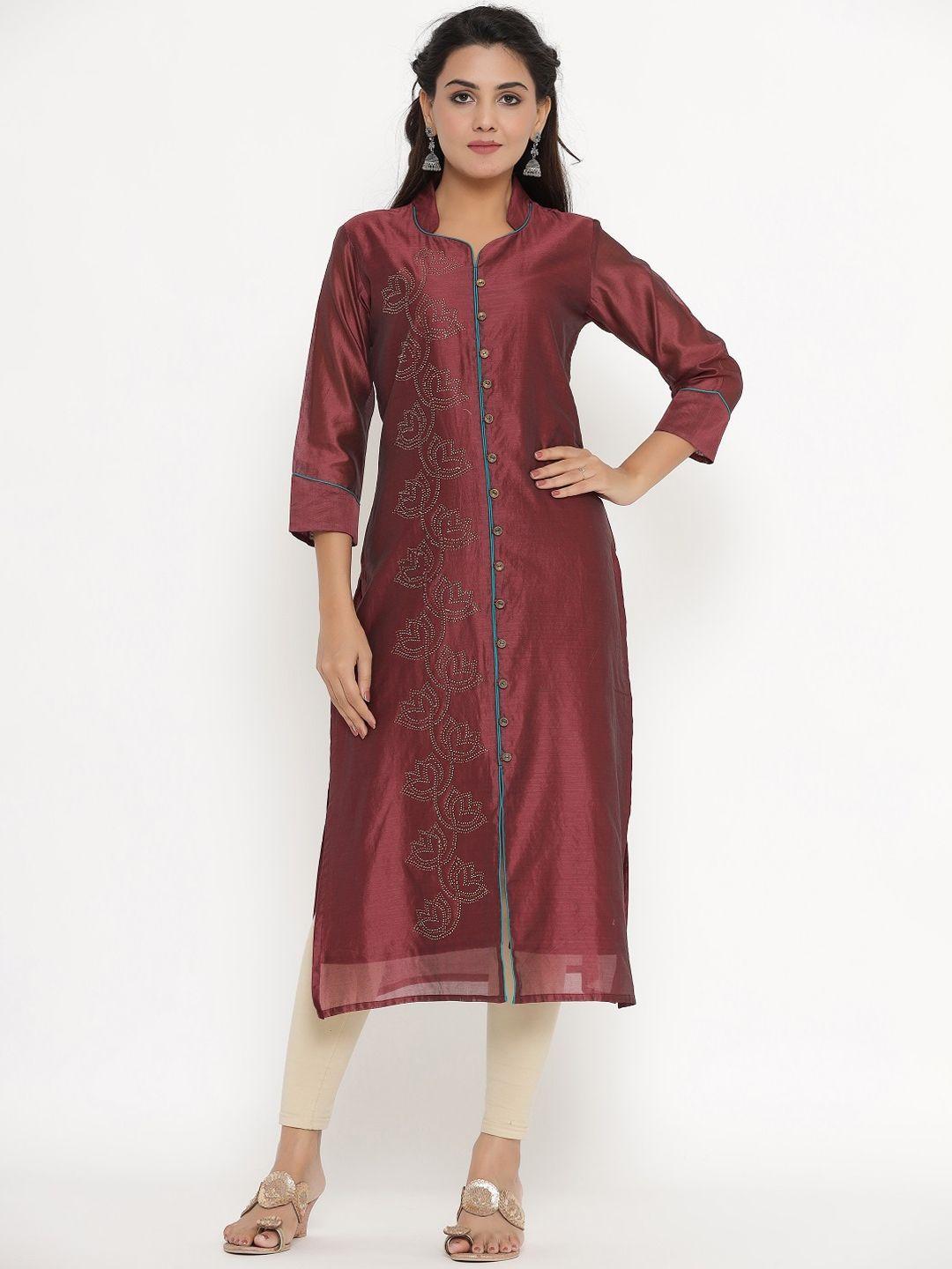 vedana women maroon embellished chanderi silk chanderi silk kurta