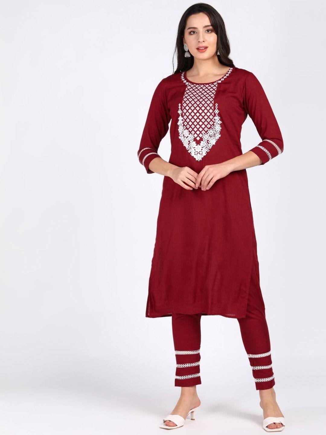 vedana women maroon embroidered mirror work kurta with trousers