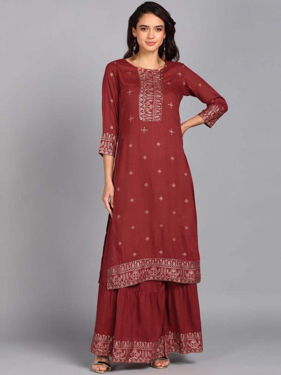 vedana women maroon ethnic motifs embroidered sequinned kurti with sharara