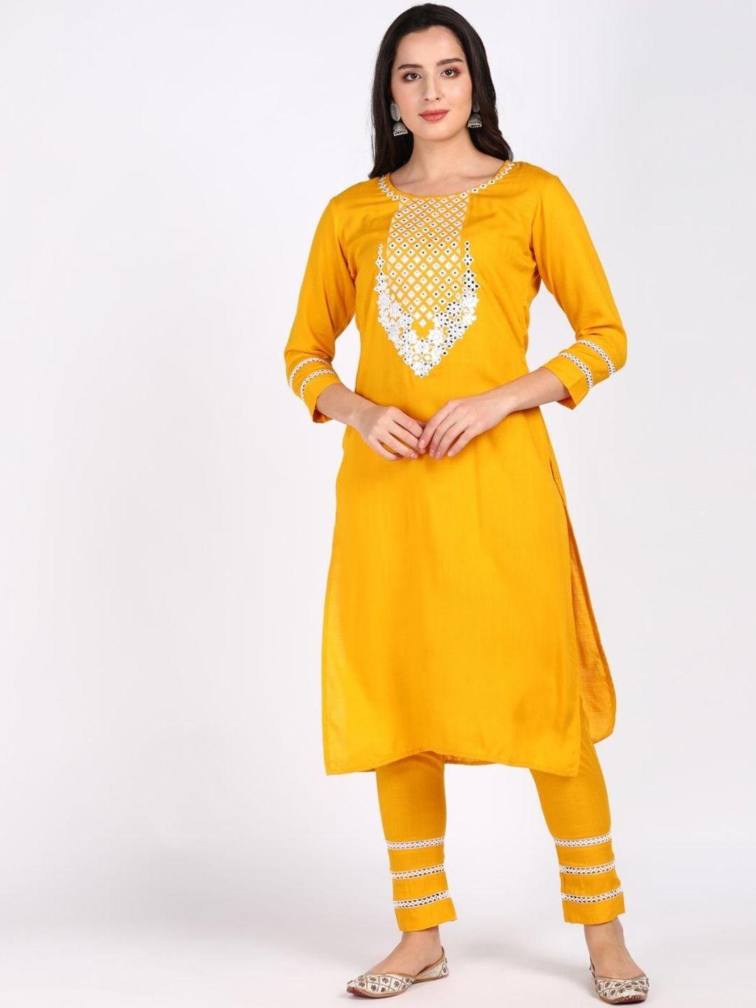 vedana women mustard yellow & white floral yoke design mirror work kurta with trousers