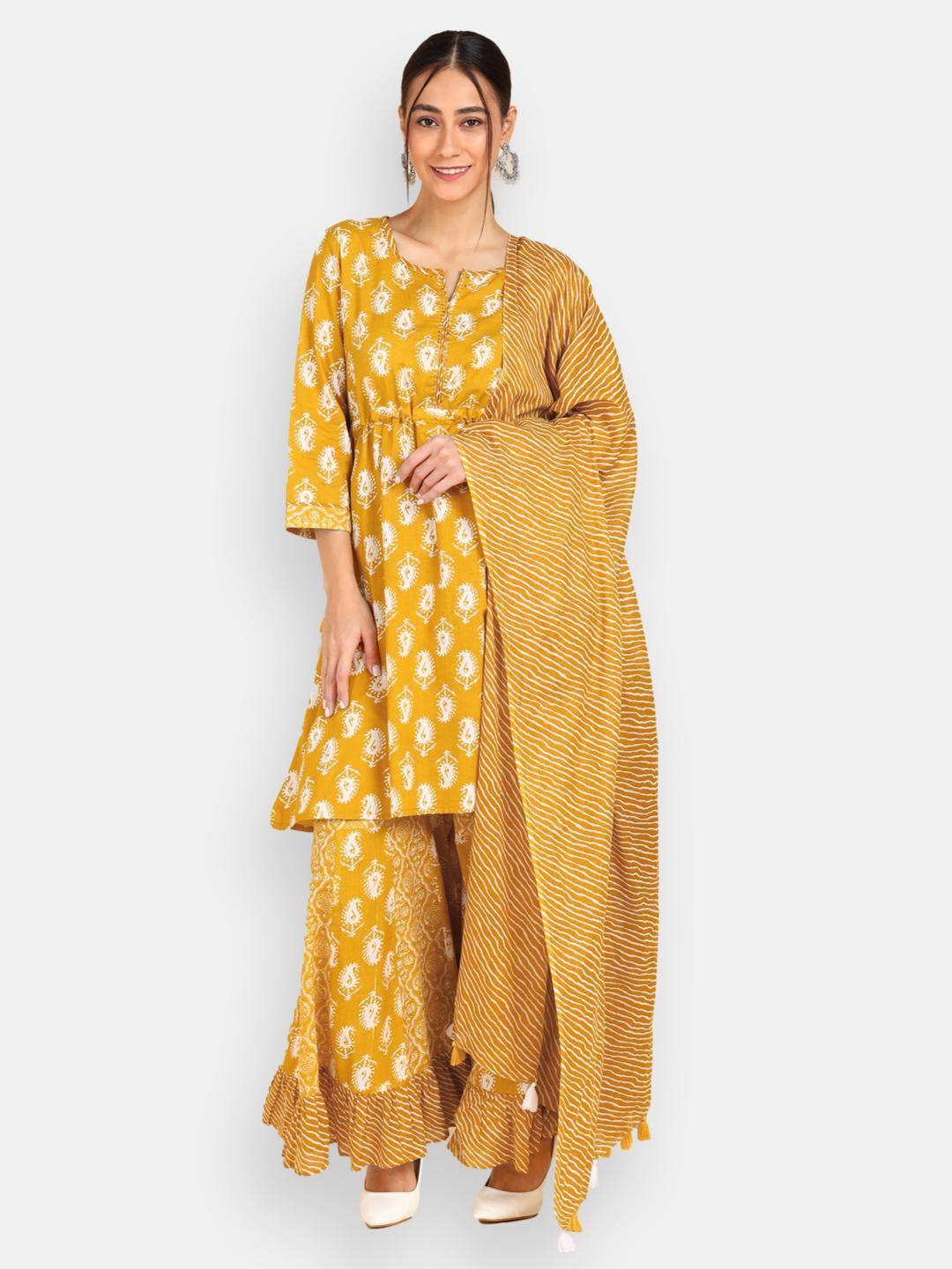vedana women mustard yellow  pure cotton embroidered  sequinned pure cotton kurta set