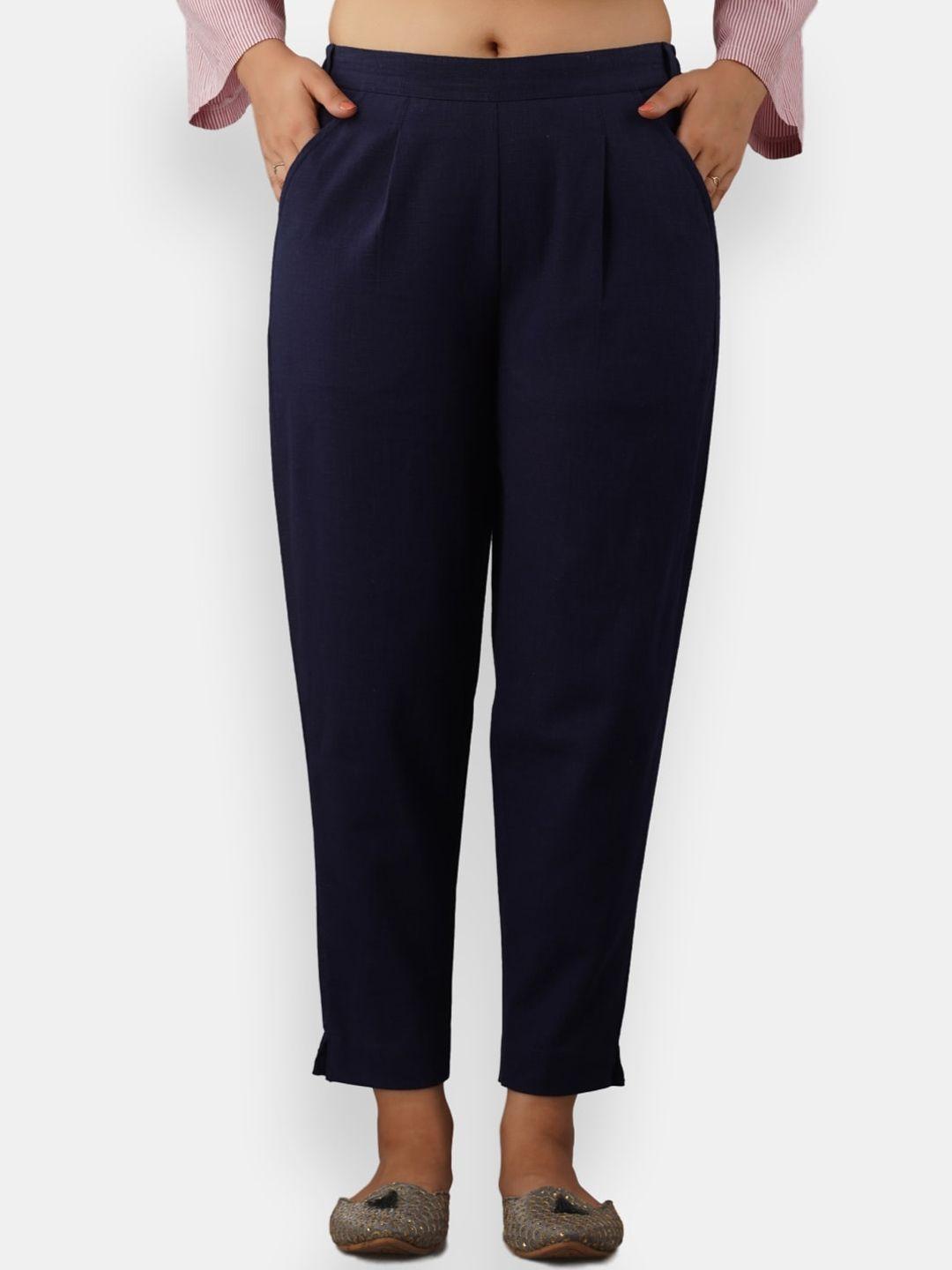 vedana women navy blue comfort pleated cotton trousers