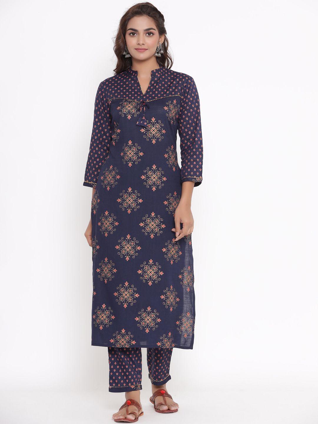 vedana women navy blue ethnic motifs printed gotta patti kurta with palazzos