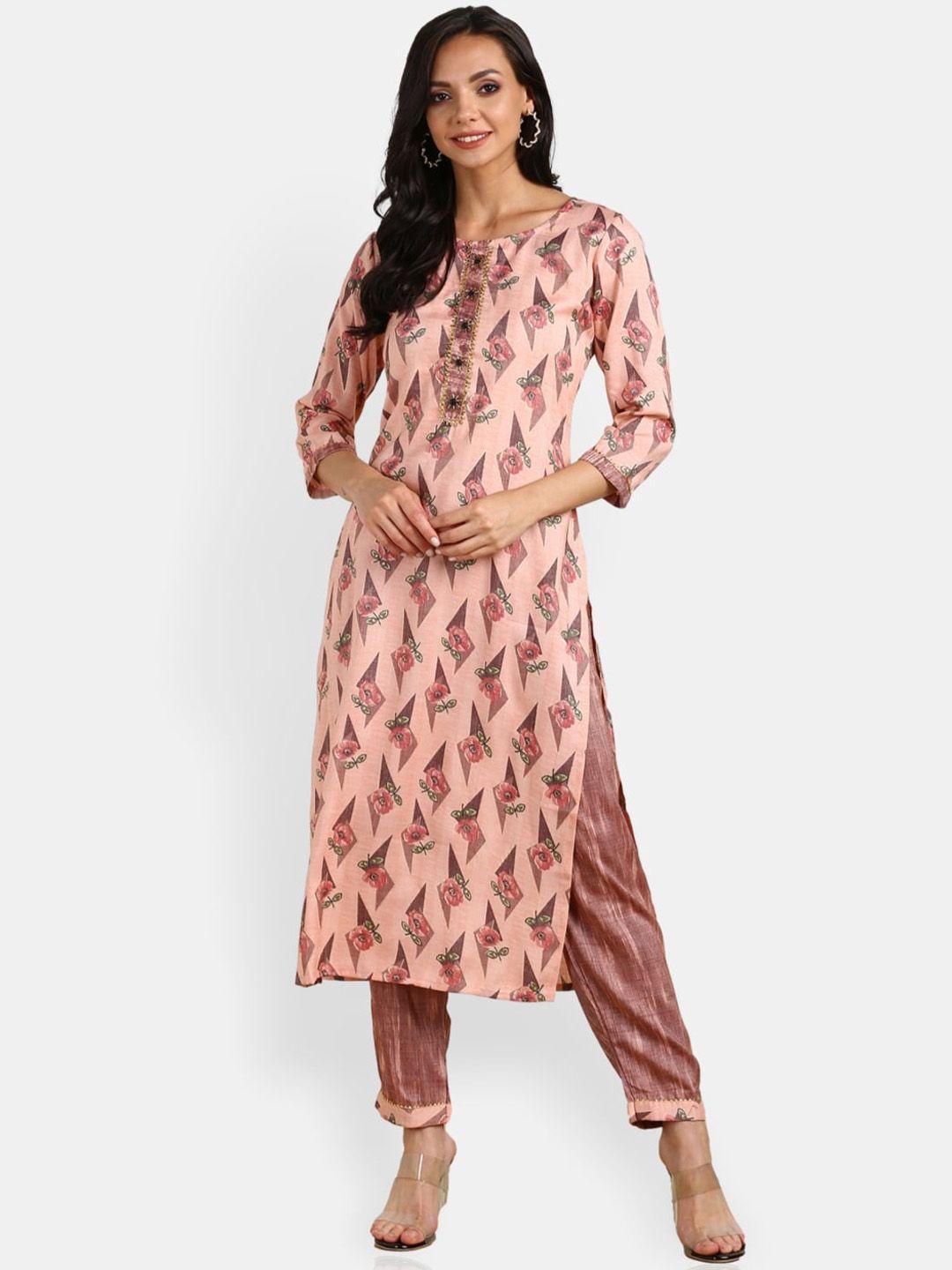 vedana women peach-coloured floral printed kurta with trousers