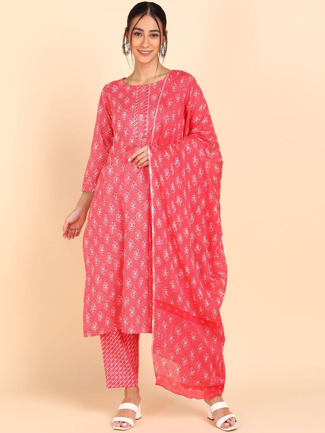 vedana women pink ethnic motifs printed gotta patti pure cotton kurti with trousers & with dupatta