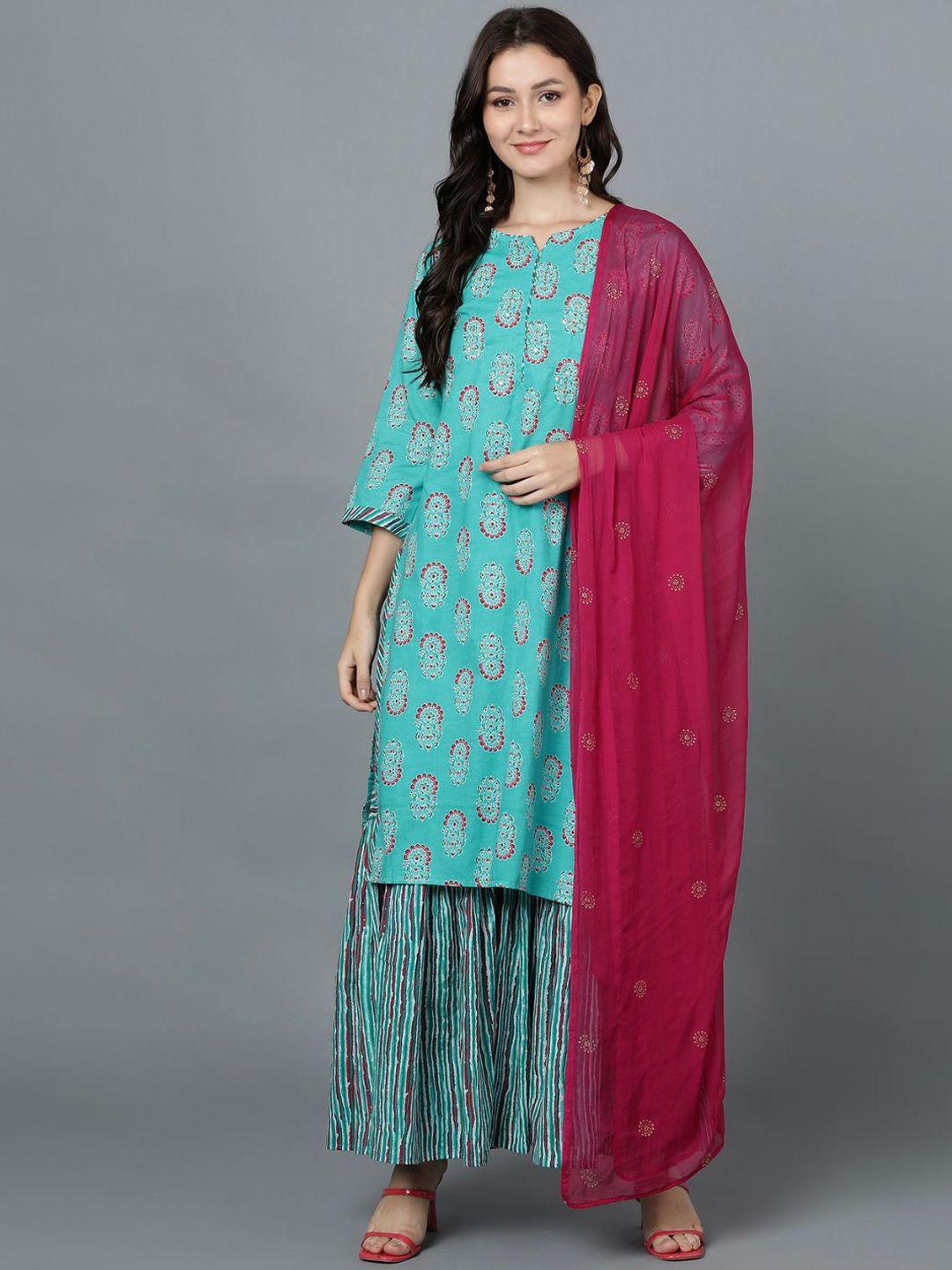 vedana women turquoise blue printed pure cotton kurta with sharara & with dupatta