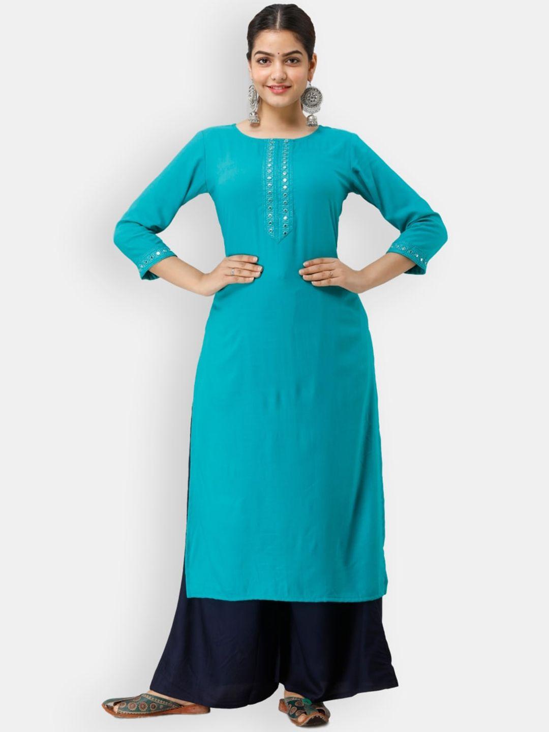 vedana women turquoise blue thread work kurta