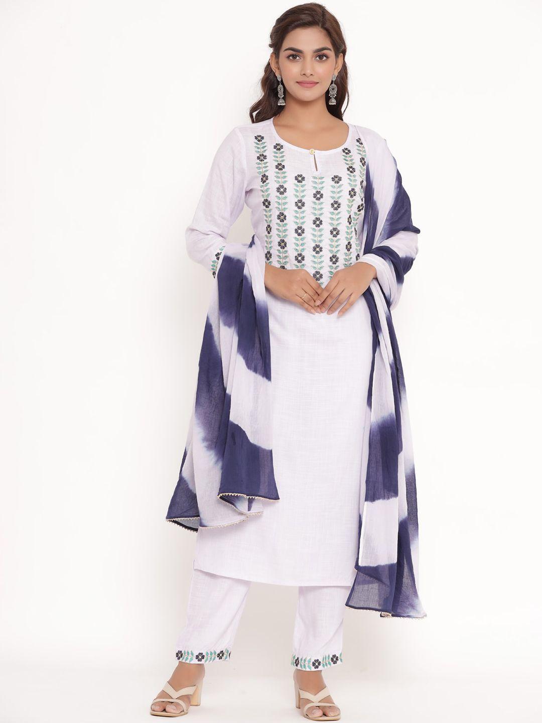 vedana women white ethnic motifs yoke design thread work kurta with trousers & dupatta