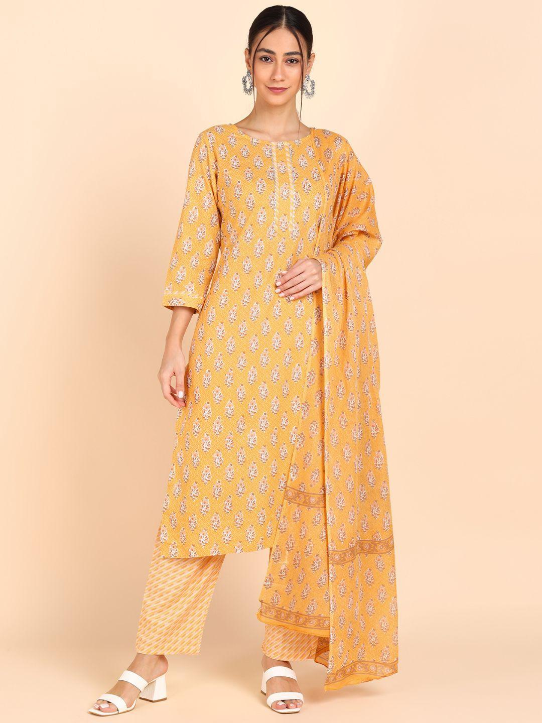 vedana women yellow ethnic motifs printed pure cotton kurta with trousers & with dupatta
