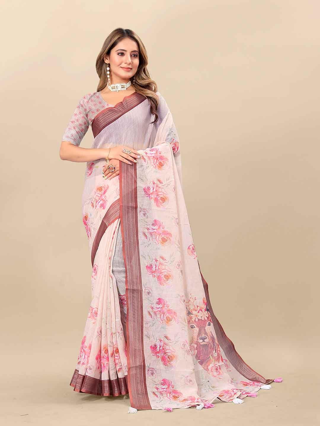 vedant vastram ethnic motifs printed zari pure linen saree