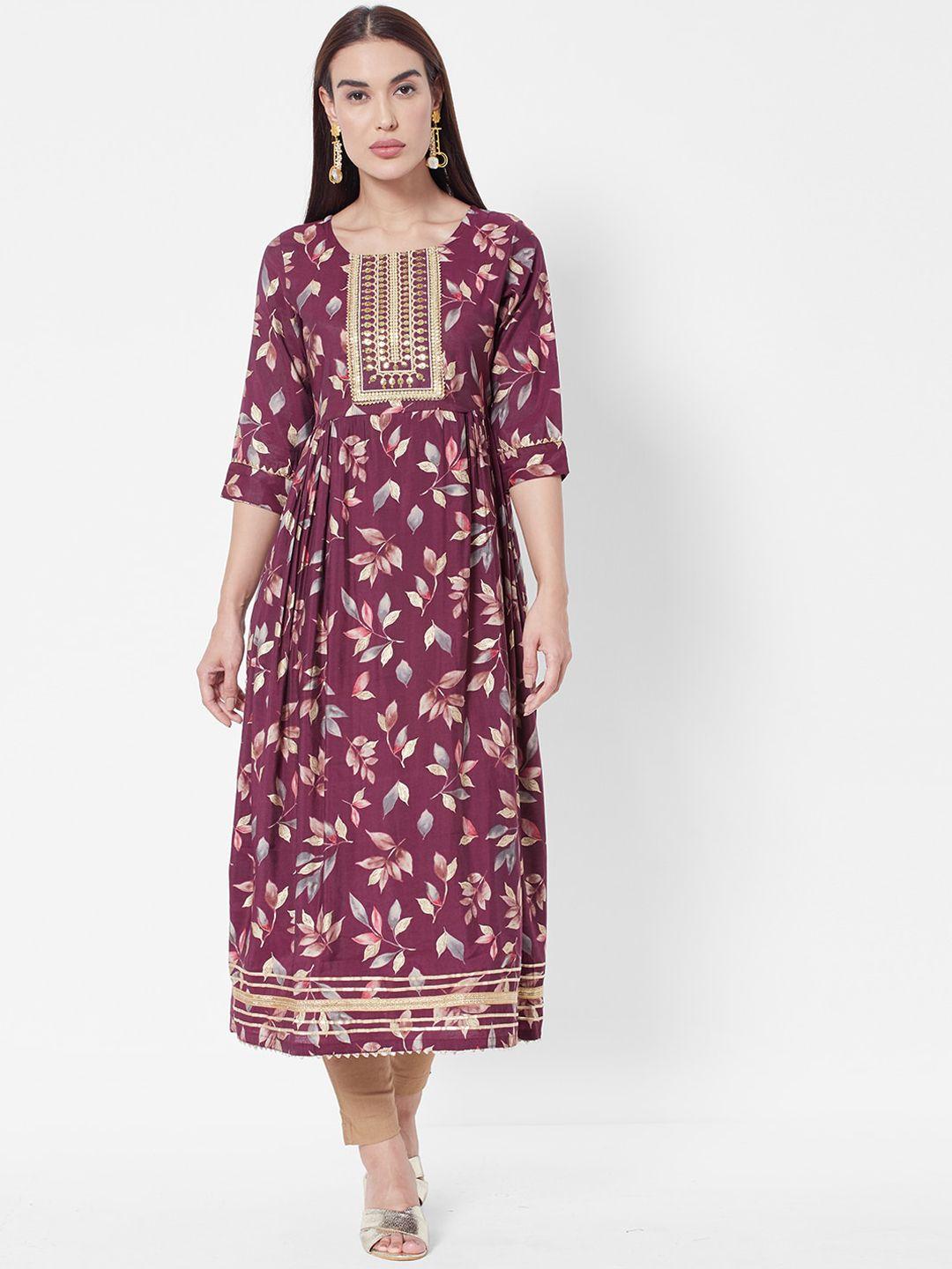 vedic women maroon floral printed pleated chanderi silk kurta with trousers