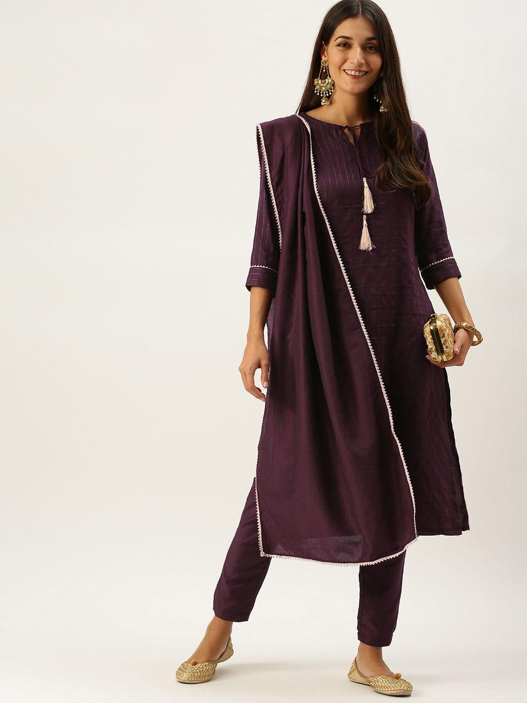 vedic women purple striped gotta patti kurta with trousers & with dupatta