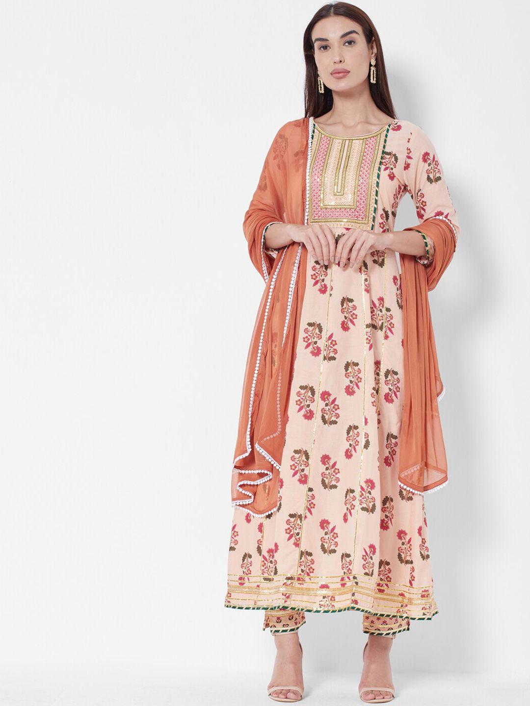 vedic ethnic motifs printed regular thread work pure cotton kurta with trousers & dupatta