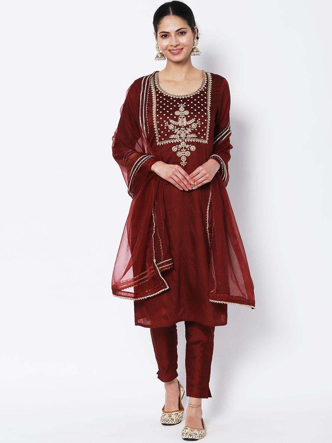 vedic ethnic motifs yoke design thread work chanderi silk kurta with trousers & dupatta