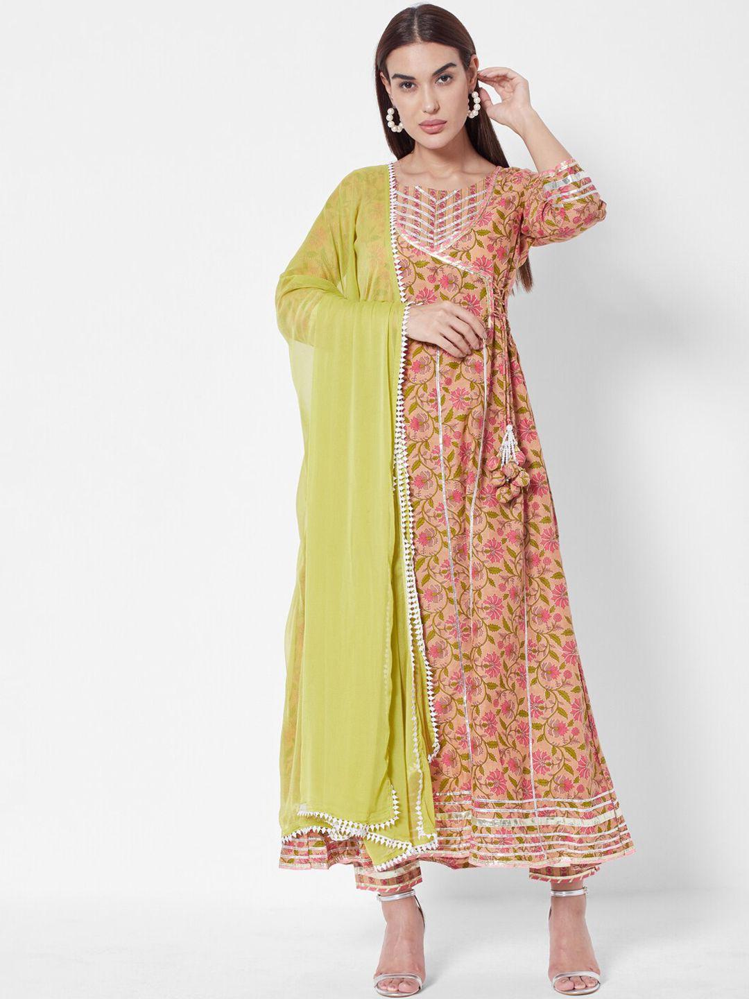 vedic floral printed angrakha gotta patti pure cotton kurta with trousers & with dupatta