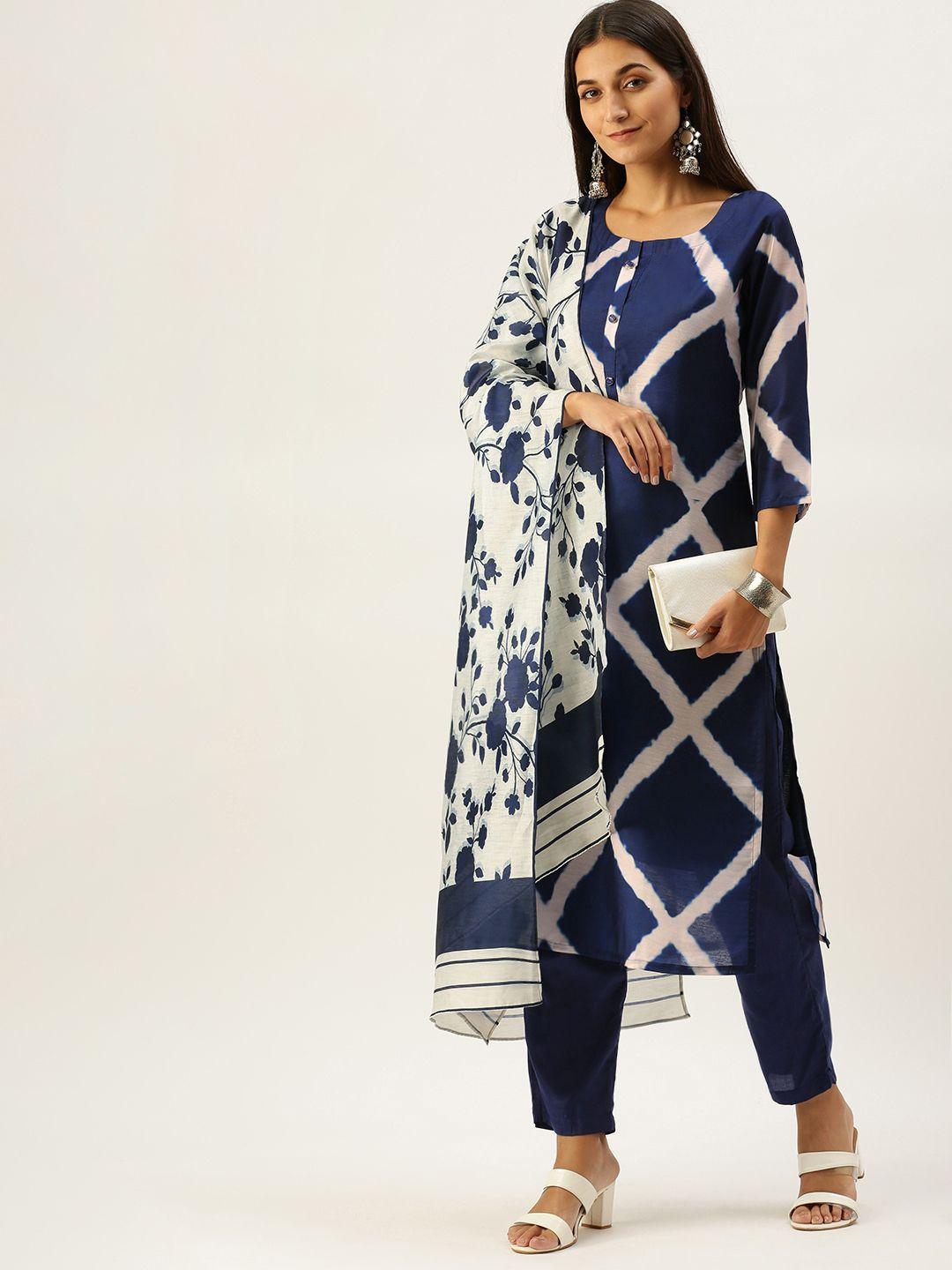 vedic women blue printed pure cotton kurta with trousers & with dupatta
