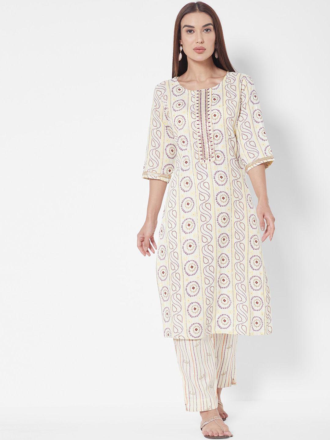 vedic women cream-coloured floral printed liva kurta with trousers
