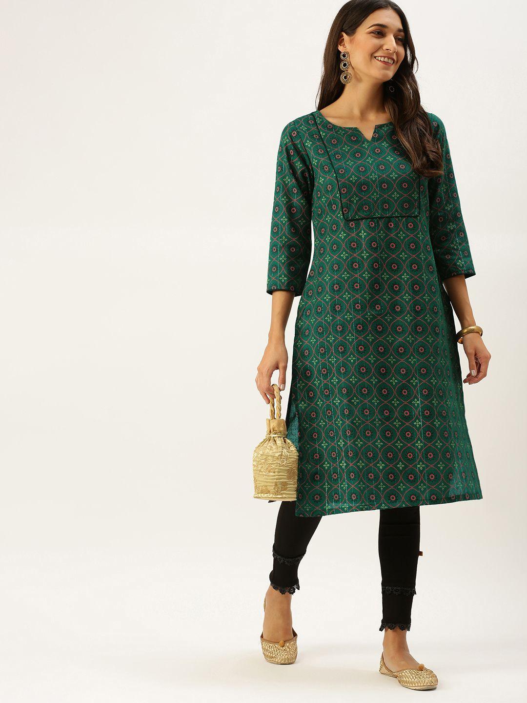 vedic women green ethnic motifs printed pure cotton kurta with trousers