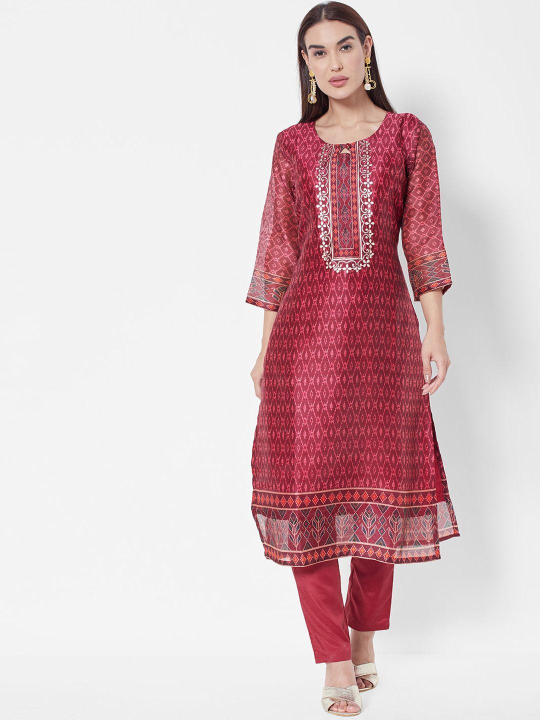 vedic women maroon ethnic motifs printed chanderi silk straight kurta with trousers