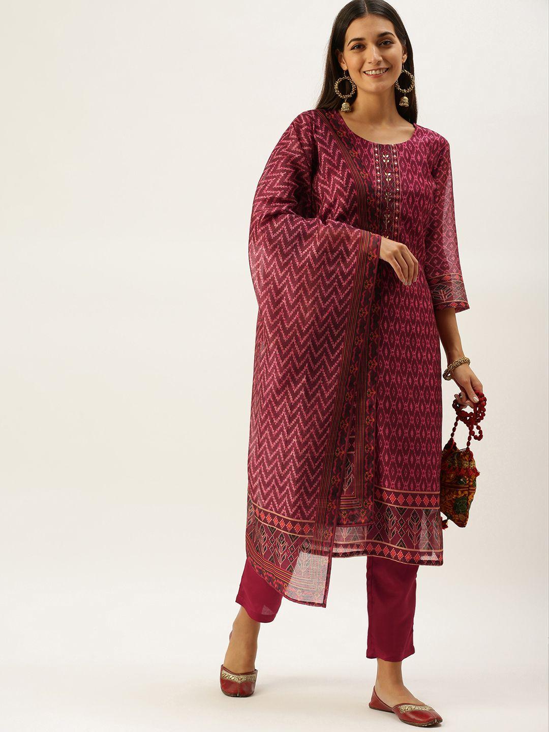 vedic women maroon ethnic motifs printed sequinned cotton kurta with trousers & dupatta